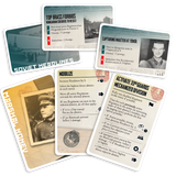 Collection of military-themed cards with text and images on a white background