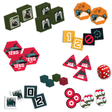 Collection of game pieces including hexagonal tiles, dice, and character cards on a white background