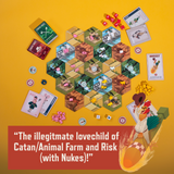 Board game setup with hexagonal tiles and cards on a yellow background, featuring text description.