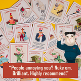 Collection of cards with various illustrations and a character in a blue suit and mask on a yellow background.