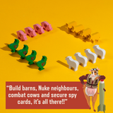 Game pieces and character on a yellow background with text about game mechanics.
