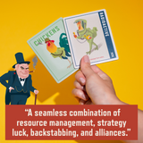 Hand holding two cards with cartoon characters on a yellow background, featuring text about resource management and strategy.