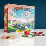 Board game box for 'Farms Race' with game pieces on a reflective surface.