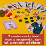 Board game setup with cards, dice, and game pieces on a yellow surface, featuring a character in a top hat.