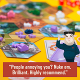 Board game with colorful tiles and a figurine giving a thumbs-up, accompanied by humorous text.
