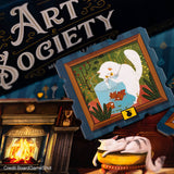 Board game piece with a cat and fish illustration in front of 'Art Society' branding.