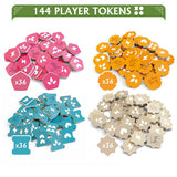 Set of 144 player tokens in pink, orange, blue, and beige with star designs on a white background.