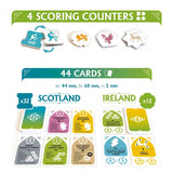 Card game components including scoring counters and cards with Scotland and Ireland labels.
