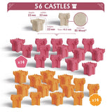 Set of pink and orange castle-shaped building blocks with measurements and material information on a white background.
