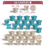 Set of toy castles with dimensions and material information on a white background