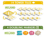 Set of game tiles with 'Ireland' branding and text indicating '14 Tower Tiles' and '4 Doubling Markers'.