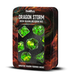 Green dragon inclusion dice set in a tin packaging with 'Fanroll' branding.