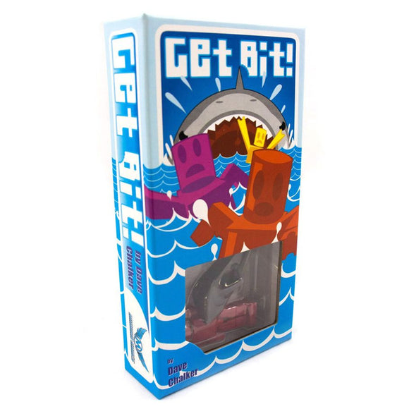 Product packaging with 'Get Bit!' text and colorful shark figures on a blue background