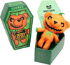 Halloween-themed teddy bear in a green coffin-shaped box with 'Squash' on it.