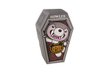 Toy figure of a bear in a coffin with 'Howler' branding on a white background