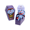 Blue teddy bear with vampire design in a purple coffin-shaped box, branded 'Vambear'.