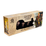 A boxed set of six d6 acorn dice from the game Legend in the Mist, manufactured by Son of Oak. The packaging is a textured tan cardboard box with fantasy artwork of a warrior on the right side and a window displaying the six acorns inside.