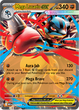 Mega Lucario EX trading card with detailed artwork and text