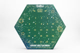 Hexagonal green advent dice calendar with gold text on a white background