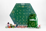 Fanroll advent dice calendar with dice and drawstring bag on a white background