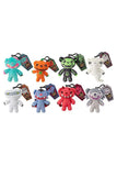 Set of colorful plush toys with tags on a white background