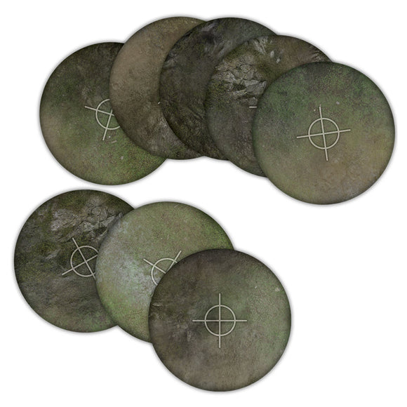 Set of round metallic discs with central crosshairs on a white background