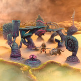 Fantasy scene with a warrior, creature, and mystical structures in a misty landscape.