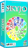 SKYJO card game packaging with colorful cards and branding on a blue background