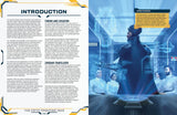 Science fiction setting with a character in a futuristic suit and a holographic display.