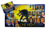 Board game packaging for 'One Night Ultimate Werewolf' with character cards and game box.