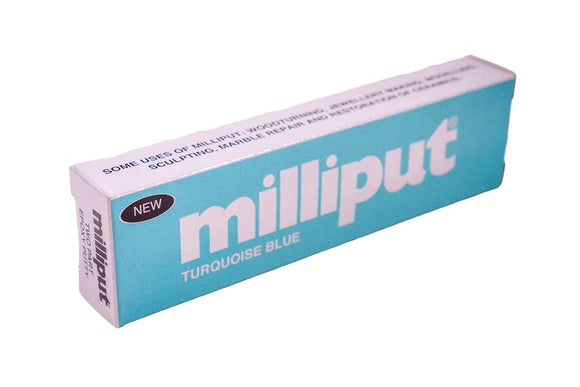 Box of Milliput turquoise blue putty on a white background