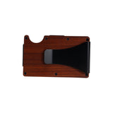 Wooden cardholder with a metallic clip on a white background
