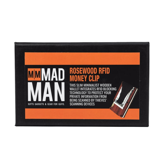 Rosewood RFID money clip packaging with 'Mad Man' branding on a white background