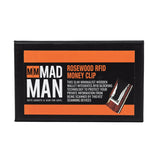 Rosewood RFID money clip packaging with 'Mad Man' branding on a white background