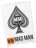 Card deck packaging with spade symbol and 'MAD MAN PLAYING CARDS' text on a white background