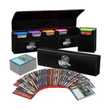 Card game set with a black organizer and colorful cards on a white background