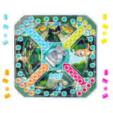Children's board game with colorful paths and cartoon characters on a white background