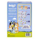 Bluey board game packaging with characters and game components on a blue background