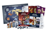 Avatar: The Last Airbender game components including books, dice, and map on a white background