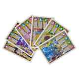 Collection of colorful trading cards on a white background