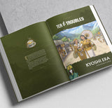 Open book with illustrations and text on a gray background