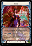 Card featuring a character in a purple outfit with a decorative background