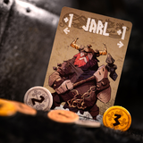 Card featuring a character with +1 Jarl +1 text, surrounded by game pieces on a dark background