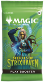 Packaged 'Secrets of Strixhaven' play booster for 'Magic: The Gathering' with green background and character illustration.