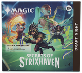 Box of 'Secrets of Strixhaven' from 'Magic: The Gathering' with characters and game details.