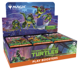 Display box of Teenage Mutant Ninja Turtles-themed Magic: The Gathering play boosters with turtles on a cityscape background.