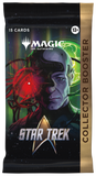 Magic: The Gathering Star Trek Collector Booster pack featuring a split portrait of a Star Trek character with red and green energy effects, 15 cards, and a gold vertical banner reading Collector Booster.