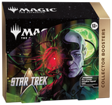 Magic: The Gathering Star Trek Collector Boosters box, featuring artwork of a Star Trek character with a cybernetic eye, neon green energy effects, and the Magic logo and Star Trek branding on the front.