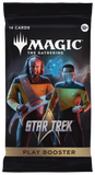 Magic: The Gathering Star Trek Play Booster card pack featuring Star Trek characters on the front, with '14 Cards' and 'Play Booster' text, photographed against a plain white background.