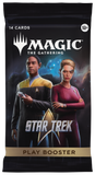Magic: The Gathering Star Trek Play Booster card pack featuring Star Trek characters on the front, with '14 Cards' and '13+' printed on a black background.